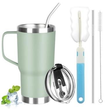 Imagem de GUDEMAO Copo de 590 ml com alça, copo isolado de aço inoxidável com tampa e canudo, caneca de café a vácuo de parede dupla, copo térmico de café isolado para frio e quente (Matcha)