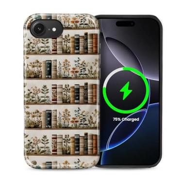 Imagem de Kapadiy Capa magnética para iPhone 16e, compatível com MagSafe bordado Bookish Lover Flower Design Hybrid Dual Protection Silicone + PC rígido à prova de choque, capa protetora para homens e mulheres