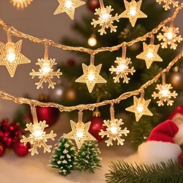 Imagem de Luzes de corda de estrelas de Natal e flocos de neve, 20 luzes de LED duráveis, à prova d'água, quentes, amarelas, decoração de pendurar para quarto, pátio, festa de casamento, janela, parede