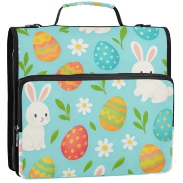 Imagem de Organizador de fichário com zíper de 3 cm, 3 argolas, resistente, colorido, Páscoa, coelhinhos brancos, estojo de armazenamento com alça para fichários escolares com alça de ombro, 34,5 x 31,5 x 9 cm
