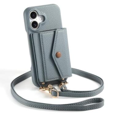 Imagem de Bolsa de ombro para iPhone 17/17 Air/17 Pro/17 Pro Max, com porta-cartões e espelho de maquiagem, capa para celular, carteira de couro elegante (azul, 17 Pro)