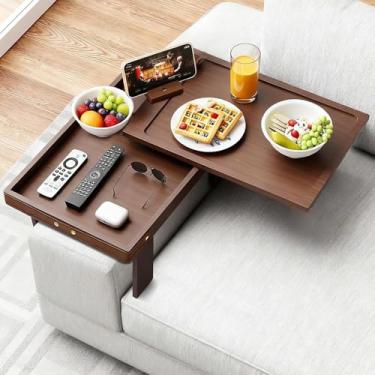 Imagem de Bandeja de apoio de braço para sofá com bambu – mesa de braço de sofá ajustável com suporte de telefone giratório de 360° e compartimento de armazenamento oculto para lanches, bebidas, controle remoto