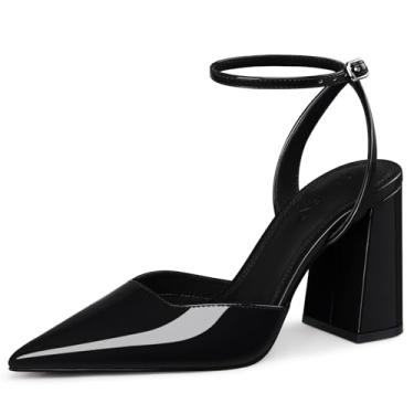 Imagem de CELLENZ Sapatos femininos de salto grosso: 9 polegadas bico fino salto alto - bico fechado com tiras salto sexy, confortável trabalho formal festa dança sapatos tamanho 6-11, Patente preta 89, 37