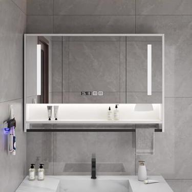 Imagem de Armário de remédios de banheiro inteligente de LED com espelho, antiembaçamento, interruptor de toque, armazenamento montado na parede, exibição de tempo, barra de toalha, orifício de papel - Armário