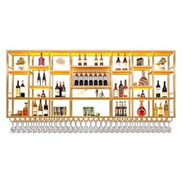 Imagem de Rack de vinho de metal atualizado montado na parede, prateleira de exibição de bar de bebidas modernas, taças de vinho, prateleiras de bar grandes de 3 camadas montadas na parede com luz LED