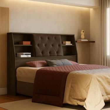 Imagem de Cabeceira Box 160cm Nubia Com Prateleiras Porta Estofada e nichos para