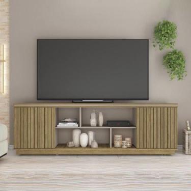 Imagem de Rack Tv 75 Pol 180cm Bancada Ripado Com Rodízio Noan Bege Amarelado/ci