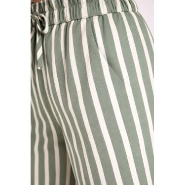 Imagem de Calça Pantalona Feminina Listrada Cós Elástico Amarração Cor:Branco e 
