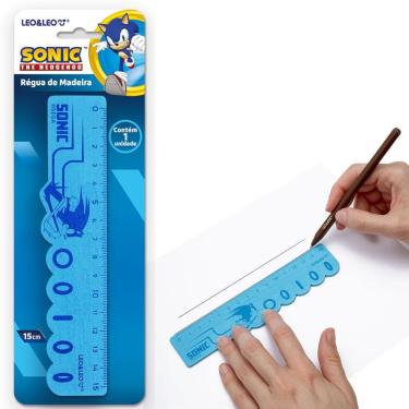 Imagem de Régua de Madeira Decorada Leo & Leo Sonic 15cm 1 Unidade Azul para Uso Escolar Ou Escritório