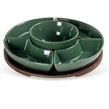 Imagem de Conjunto de Petisqueiras Redondas com Base de Madeira Cerâmica Verde Degradê 6 Peças para Servir BTC Decor