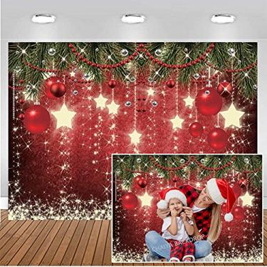 Imagem de CHAIYA Pano de fundo de Natal de 2,1 x 1,5 m, bola vermelha, decorações de festa de Natal para férias em família, pano de fundo de ano novo, para decoração de festa de Natal, banner, sessão de fotos