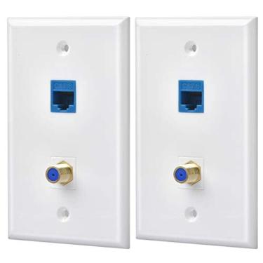 Imagem de HuaHengHT 2 Embala ethernet Coax Wall Plate Outlet com 1 Cat6 Keystone Port e 1 Gold-Plated Cable TV Coax F Type Port RJ45 Feminino para Placas de Par