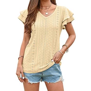 Imagem de Blusa feminina oca de manga curta verão manga com babados doce camisas casuais manga curta túnica tops liso pulôver camiseta, amarelo, XGG