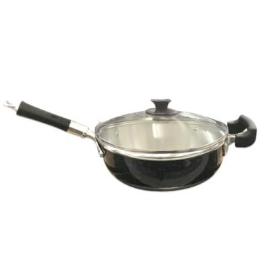 Imagem de Frigideirão Frigideira Fritadeira Grande Grossa de Alumínio Cabo Alongado Nº30 Com Tampa de Vidro (Preto)