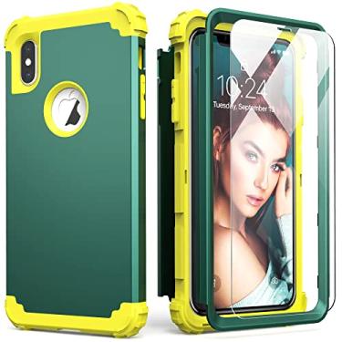 Imagem de IDweel Capa para iPhone Xs Max com protetor de tela (vidro temperado), 3 em 1, absorção de choque, proteção resistente, capa de policarbonato rígido, amortecedor de silicone macio, capa durável, grafite verde/amarelo