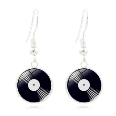 Imagem de Brincos de disco de vinil, vintage, retrô, preto, tocador, DJ, música, metal, fonógrafo, grande, círculo, leve, brincos pendentes para mulheres, adolescentes e meninas dos anos 80, estilo punk, rock,