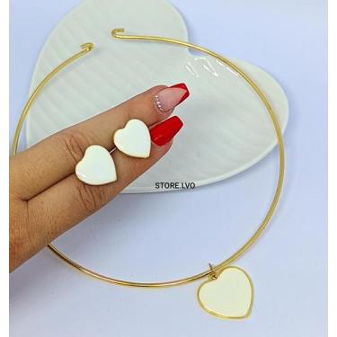 Imagem de Kit Conjunto Colar e Brincos Choker Aro Fio Rigido com Pingente Coraçã