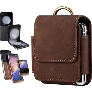 Imagem de Ephoou Capa flip de couro com clipe de cinto para Samsung Galaxy Z Flip 6/5/4/3 com chaveiro, [fecho magnético] com anel de dedo para Motorola Razr Plus, Moto Razr 2024 YB-marrom