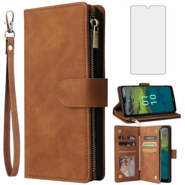 Imagem de Asuwish Compatível com Nokia C110 Capa carteira protetora de tela de vidro temperado e capa flip de couro suporte para cartão acessórios de celular TPU Kickstand capas de telefone para C 110 4G N156DL