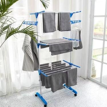 Imagem de Varal De Chão Vertical Dobrável de 3 Andares Rodinhas Suporta até 30 K