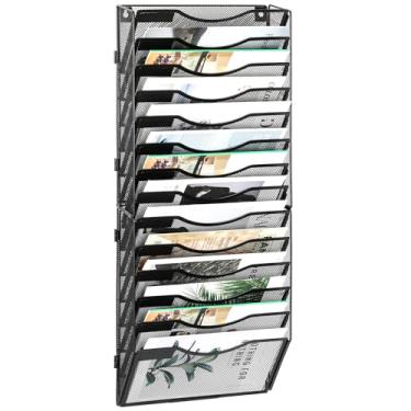 Imagem de EasyPAG Organizador de arquivos de parede para escritório, 14 bolsos, organizador de papel montado na parede, suporte de pasta suspensa com etiqueta de identificação para escola em casa, preto