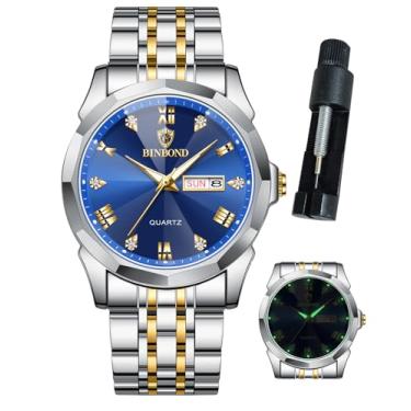 Imagem de BINBOND Relógios masculinos de luxo, diamante, negócios, analógico, quartzo, aço inoxidável, à prova d'água, luminoso, data, dois tons, casual, relógio de pulso, Dourado, azul, relógios masculinos
