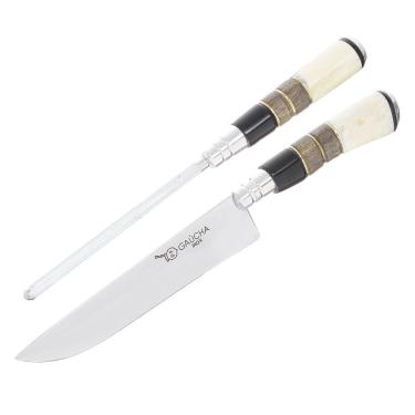 Imagem de Conjunto Faca em Inox e Chaira com Cabo de Osso e Madeira e Bainha Facas Gaúcha 30133