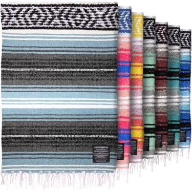 Imagem de Hydration Nation Cobertor mexicano autêntico grande tecido à mão - Yoga macio - Serape durável - Falsa leve, praia, acampamento, piquenique, cobertor ao ar livre 177.8 cm x 127.0 cm - Aqua Sky