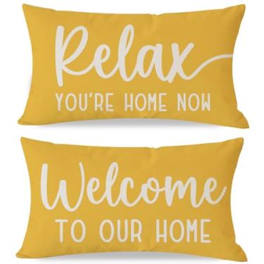 Imagem de PANDICORN Capas de almofada decorativas 30,5 x 50,8 cm Conjunto de 2 capas amarelas relaxantes Bem-vindo à nossa casa ao ar livre fazenda primavera verão capas de almofada lombar decorações para sala