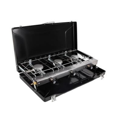Imagem de FineFlame Fogão de acampamento a propano de 3 bocas 19800 BTUs, fogão de acampamento portátil com 3 queimadores ajustáveis e ignição instantânea com botão, churrasqueira de acampamento portátil, alça