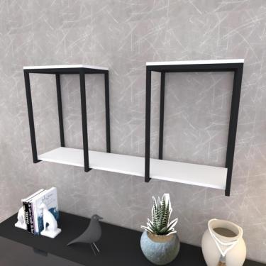 Imagem de Prateleira Industrial Suspensa Estante Parede Nicho Branca Ferro E Madeira Suporte Pratileira