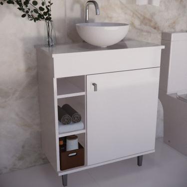 Imagem de Gabinete Armário Para Banheiro Suspenso Com Cuba E Com Pés Branco