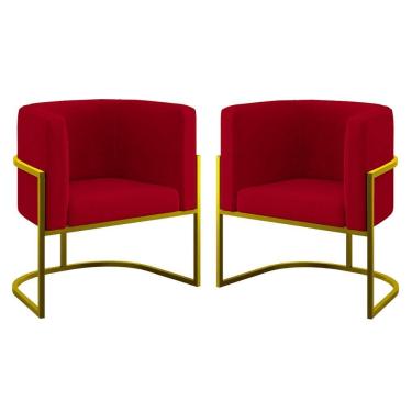 Imagem de Kit 02 Poltronas Lua Sala Decorativa Base De Ferro Gold Vermelho