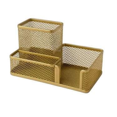 Imagem de Porta Lápis, Caneta, Clips, Lembrete, Aramado, Dourado, 3 Divisórias G