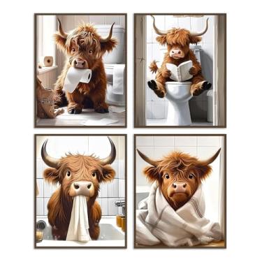Imagem de Dazzlewall 4 peças de imagens engraçadas de arte de parede de vaca Highland, impressões em tela de vaca rústica para decoração de banheiro banheiro 20 x 25 cm sem moldura