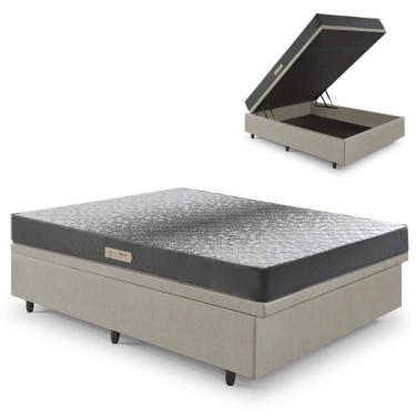 Imagem de Cama Baú Casal 138x188 Courino Linho Bege com Dual Firm Espuma Ecoflex