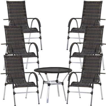 Imagem de 6 Cadeiras Alumínio E Mesa Tampo Varanda Jardim Piscina Pedra Ferro