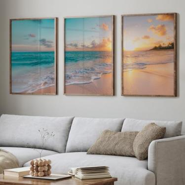 Imagem de Quadro Triplo de Arte 3 Telas Paisagem Mar Praia Por do Sol (Tabaco, 60x90 Vidro)