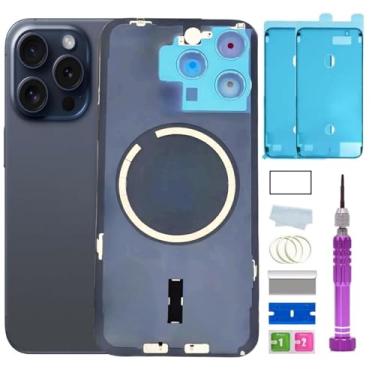 Imagem de Substituição de vidro traseiro 15 Pro Max para iPhone 15 Pro Max (6,7 polegadas) com placa pré-instalada + moldura da câmera + lente + ferramentas de reparo (titânio azul)