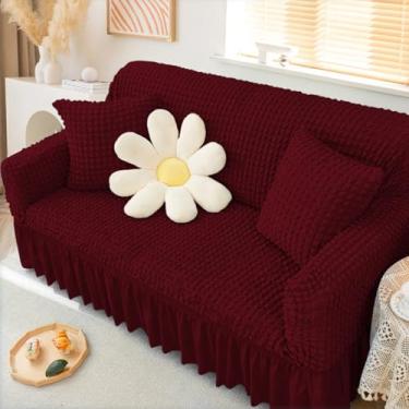 Imagem de KAIJIE Capa elástica para sofá, 1 peça de 4 capas de sofá com saia para sofá para sala de estar, capa de tecido jacquard com fundo elástico para cães, crianças, animais de estimação, vinho