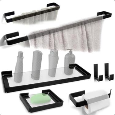 Imagem de rio design99 – kit banheiro 7 peças – alumínio preto fosco quadrado – toalheiros 60cm 30cm, papeleira, porta shampoo, acrílico cristal, saboneteira, cabide, antiferrugem