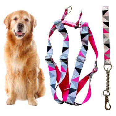 Imagem de Coleira Peitoral Americano para Cachorro Médio e Grande com Guia Anti Puxão - Pitbull, Golden, Labrador, Rottweiler, Fila, Pastor Alemão, Doberman, Toni Corso (Rosa Triângulos)