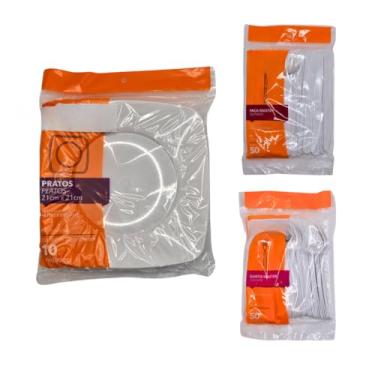 Imagem de Kit Festa Churrasco 50 Pratos 50 Garfos e 50 Facas Tipo Acrílico Reforçado(Preto)