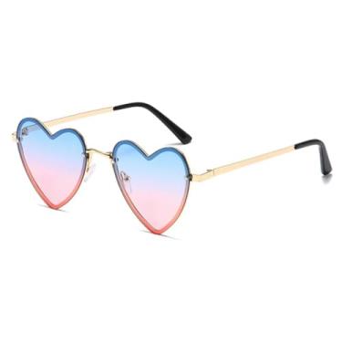 Imagem de JRLLFD Óculos de sol de metal com armação em formato de coração, luxuoso, feminino, masculino, decorativo, lindo, para festa, feminino, UV400 (dourado, azul, rosa)