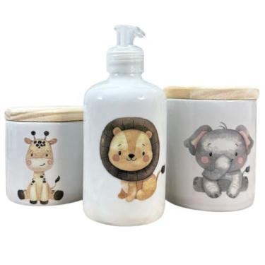 Imagem de Antilope Decor Porcelanas, Kit higiene bebê Safari 3 peças - potes e porta álcool - Porcelana Tampa Pinus - MENINO