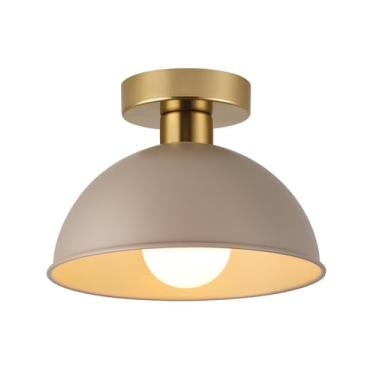 Imagem de MIAOMEIO Luminária de teto industrial semiembutida com placa dourada e sombra preta fosca, luminária de teto de fazenda para cozinha, ilha, sala de jantar, hall de entrada, corredor, varanda, celeiro