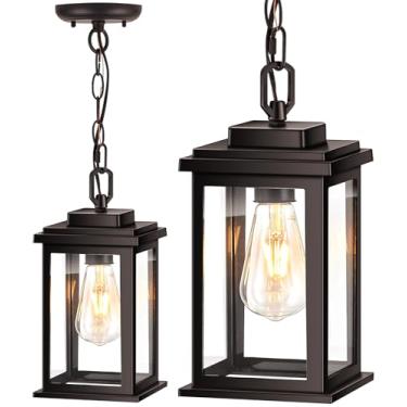 Imagem de VIANIS Luzes pendentes externas, luz de varanda suspensa, luzes de bronze para pendurar ao ar livre com vidro temperado, luzes pendentes externas para varanda, garagem, entrada, entrada, antiferrugem