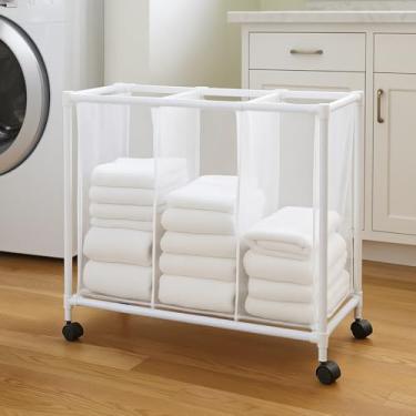 Imagem de Carrinho de Lavanderia Triplo com 3 Divisórias, Cestos em Tecido, com Rodízios, 70x40x87cm, Branco