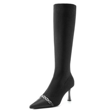Imagem de NEWBELLA COSY Botas de cano alto femininas de malha pontiaguda, botas altas elásticas para mulheres, sapatos casuais confortáveis para outono e inverno, Bronzeado, 41