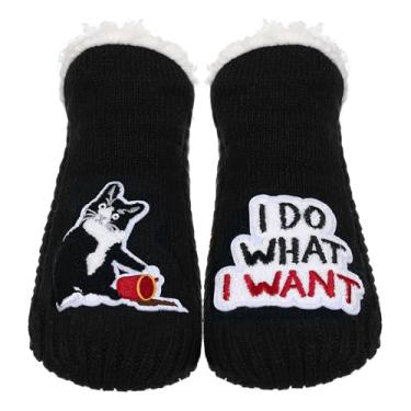 Imagem de Meias femininas felpudas de lã de ovelha com aderência antiderrapante, lindas meias de lã térmica, meias quentes e grossas de inverno, presente aconchegante, Gato e café, One Size